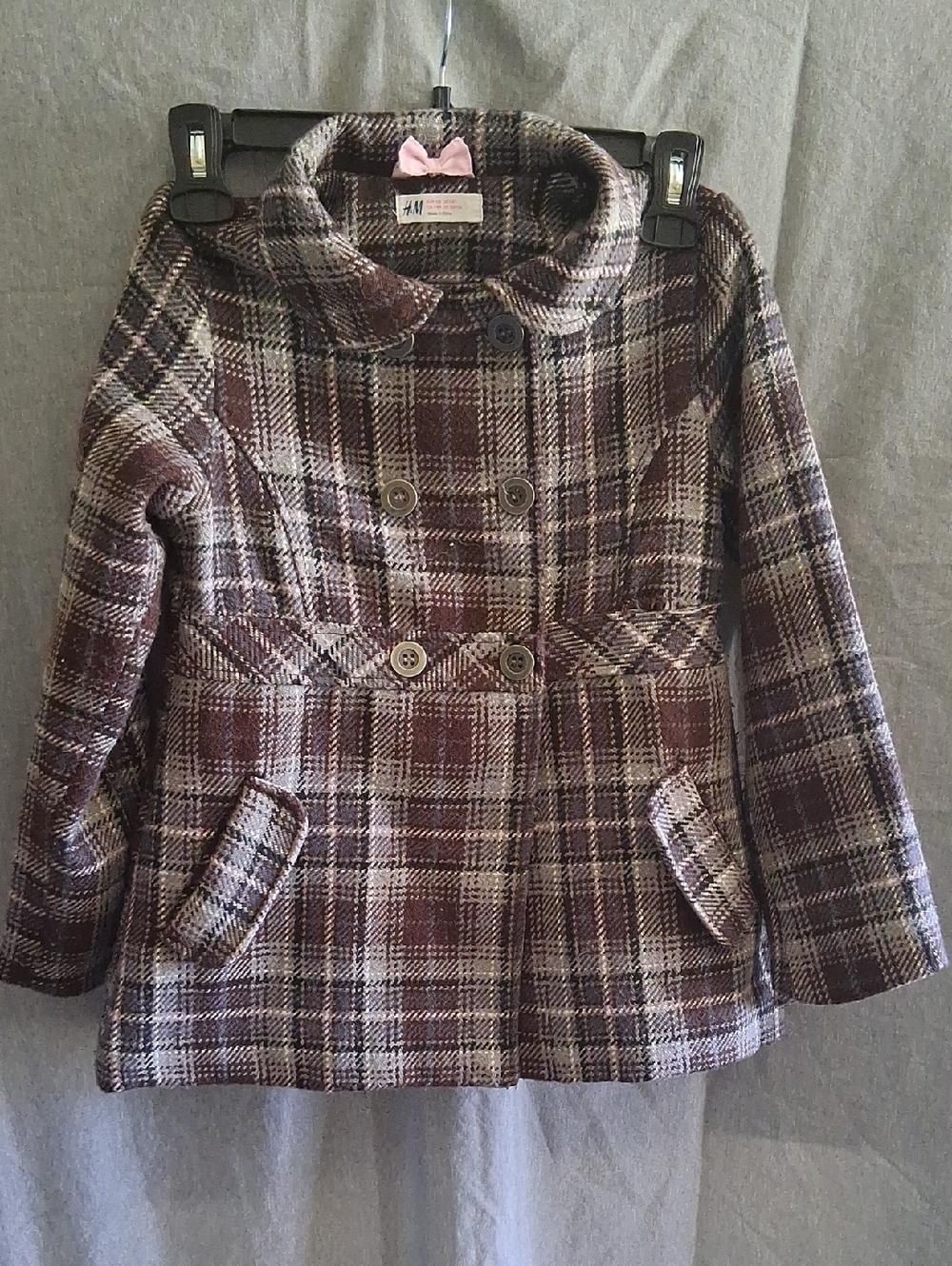 H&M Girls' Plaid Double-Breasted Pea Coat in Brown and Cream